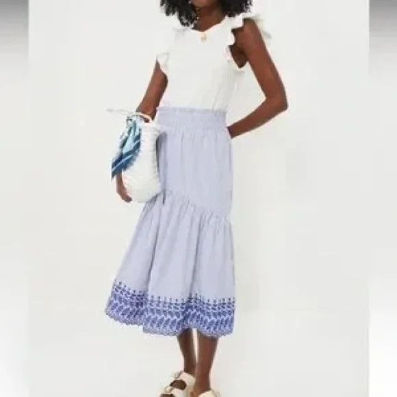 Tuckernuck Blue White Eyelet Stripe Cinza Embroidered Midi Skirt Size Medium
